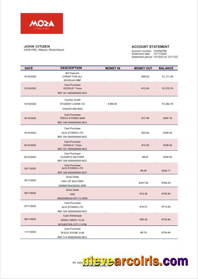 Mozambique Moza bank statement